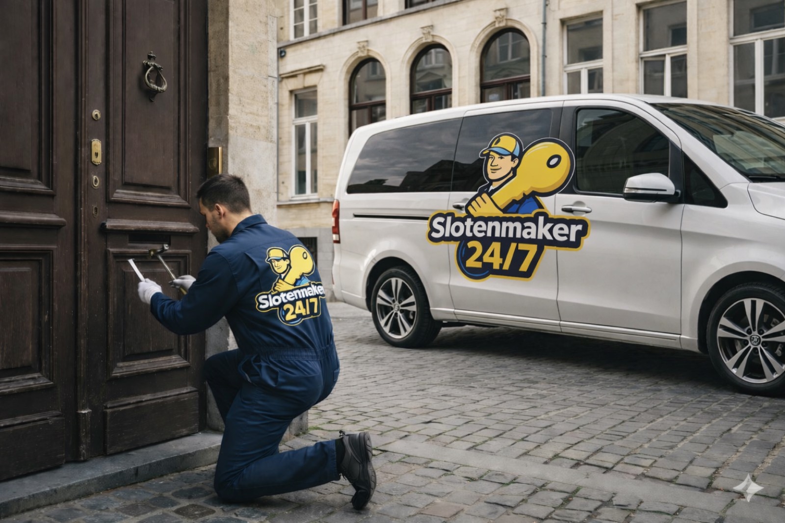 Monteur van Slotenmaker 24/7 opent een voordeur in Antwerpen, met de bedrijfswagen op de achtergrond